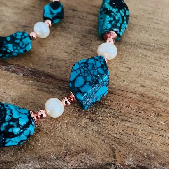 Genuine Turquoise and FreshwaterPearl Necklace with Solid Copper Beads & Clasp - Picture 5 of 12